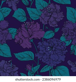 Los hibiscos de Curly son grandes brotes y flores abiertas. Tema oscuro. Para papel tapiz o papel envolvente, diseño de invitación a la boda