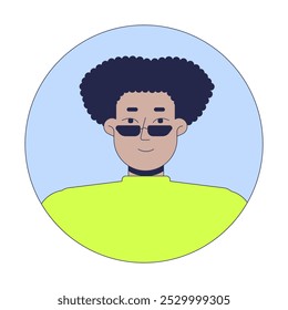 Curly hispanic Haar Mann mit Sonnenbrille 2D lineare Vektor Avatar Illustration. Latino Kerl Brille Cartoon Charakter Gesicht Porträt. Kopf und Schultern. Runder Rahmen, flaches Benutzerprofil, Farbbild einzeln