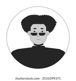 Lockenes hispanisches Haar Mann mit Sonnenbrille schwarz-weiß 2D Avatar Illustration. Latino Guy Brille Kontur Vektor Charakter Gesicht einzeln. Kopf und Schultern. Benutzerprofil-Portrait des runden Rahmens