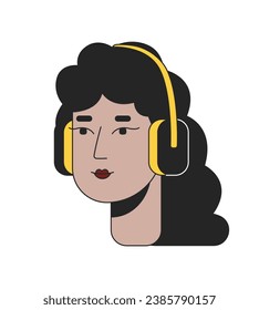 Curly hispanic woman headphones 2D linear cartoon character head. Latina wavy hairstyle isolated line vector person face white background. Enjoying music mexican girl color flat spot illustration