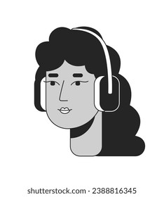 Curly hispanic woman headphones black and white 2D line cartoon character head. Latina wavy hair isolated vector outline person face. Enjoying music mexican girl monochromatic flat spot illustration