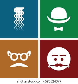 curly icons set. Set of 4 curly filled icons such as curly hair, mustache and glasses, emot with mustache
