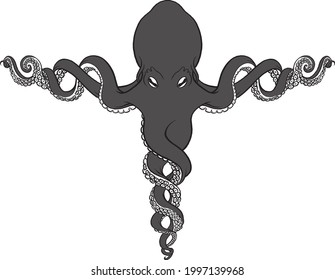 Curly Kraken Octopus Illustration Vector Graphic T-Pose