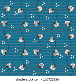 Curly leaves pattern with a black outline on a blue background with other decorative elements, vector illustration