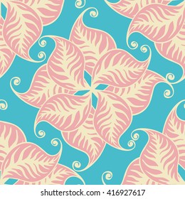 Curly leaves seamless pattern. Mandala-like repeating design in soft trendy colors. Vector illustration.