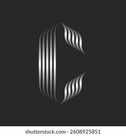 Curly letter C logo monogram logo silver lines pattern design, smooth metallic parallel linear geometric shapes, creative metallic logotype for identity branding.