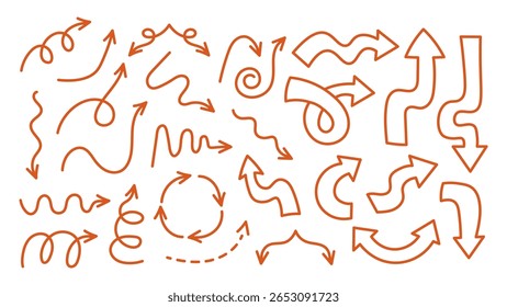 Curly Line Arrows Set. Dynamic wavy direction pointer symbols collection. Red thin sketch elements. Vector illustration