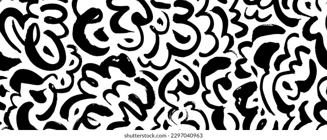 Curly line doodle seamless pattern. Vector scribbles and squiggles. Modern abstract childish background. Creative abstract wavy and curly lines, swirls, spirals. Simple childish squiggle wallpaper.