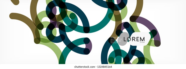 Curly lines abstract background, color overlapping linear texture, vector illustration