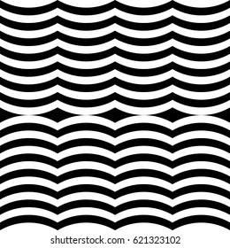 Curly lines. Jagged stripes. Waves motif. Seamless surface pattern design with wavy linear ornament. Repeated semicircles wallpaper. Digital paper for page fills, web designing, textile print. Vector.