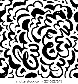 Curly lines seamless pattern. Chaotic ink brush scribbles decorative texture. Wavy brush strokes. Abstract geometric pattern with wavy and curly lines. Hand drawn black vector swirls. 
