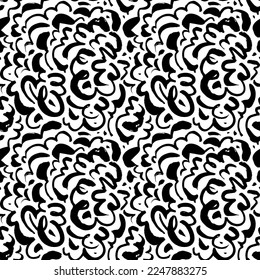 Curly lines seamless pattern. Chaotic ink brush scribbles decorative texture. Wavy brush strokes. Abstract geometric pattern with wavy and curly lines. Hand drawn black vector swirls. 