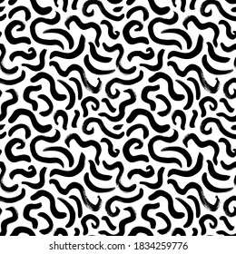 Curly lines vector hand drawn seamless pattern. Curved brush strokes background. Paint brushstrokes doodle drawing. Black wavy lines on white background. Abstract wrapping paper, monochrome design.