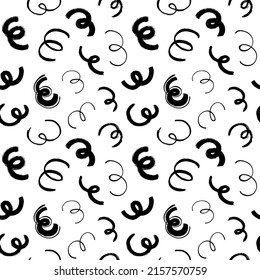 Líneas de curvas y pinceles ondulados vectan un patrón sin fisuras. Líneas curvas de pincel de grunge moderno. Mareos caligráficos. Remolques de pintura negra, trazos sucios curvados. Textura de doodle de pincel de tinta abstracta