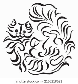 Curly longhair cat lies on its back. Cat drawing in sketch style on white background. Fluffy cat linear drawing. Black and white hand draw picture. Calligraphy image.