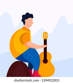 Curly man sitting on a stone with a guitar. Abstract background. Vector flat cartoon illustration. Tourism and nature.
