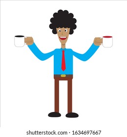 Curly man standing bring coffee and tea glass in vector with white background