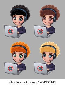 Curly men with headphones and laptop work at home. Vector illustration