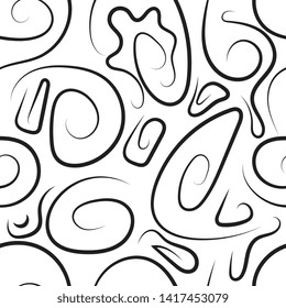 Curly monochrome seamless pattern. Swirly repeating hand drawn linear texture with spiral. Abstract vector black and white stylish background