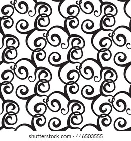 Curly monochrome seamless pattern. Swirly repeating hand drawn linear texture with spiral. Abstract vector black and white stylish background