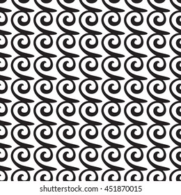 Curly monochrome seamless pattern. Swirly repeating hand drawn linear texture with spiral. Abstract vector black and white stylish background