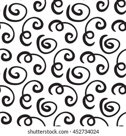 Curly monochrome seamless pattern. Swirly repeating hand drawn linear texture with spiral. Abstract vector black and white stylish background
