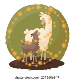 Curly mother llama with baby, decorated with garlands, on a green background. A parent animal and its child. Vector illustration, mother's day, baby shower cards, birthday, autumn cozy, new year