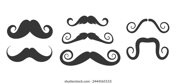 Curly Mustache Types Black Silhouettes, Isolated Vector Icons Set. Handlebar, English, And Dali. Design Elements