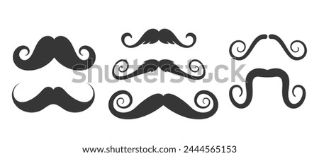 Curly Mustache Types Black Silhouettes, Isolated Vector Icons Set. Handlebar, English, And Dali. Design Elements