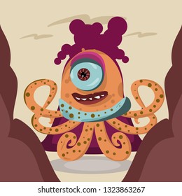 Curly octopus design surrounded by stones, vectors