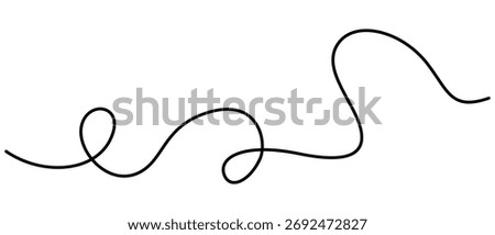 Curly one Line. Squiggle wavy and decorative ornament in editable stroke. Wiggly curvy doodle element isolated on white background. Freehand vector illustration