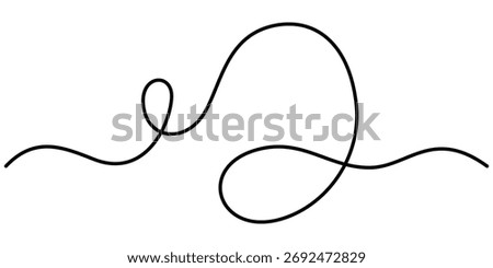 Curly one Line. Squiggle wavy and decorative ornament in editable stroke. Wiggly curvy doodle element isolated on white background. Flourish vector illustration