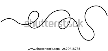 Curly one Line. Squiggle wavy and decorative ornament in editable stroke. Wiggly curvy doodle element isolated on white background. Irregular vector illustration
