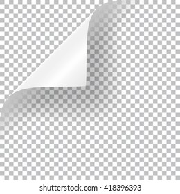 Curly Page Corner realistic illustration with transparent shadow. Ready to apply to your design. Graphic element for documents, templates, posters, flyers.