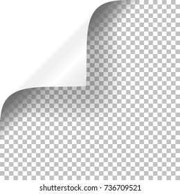 Curly Page Corner realistic illustration with transparent shadow. Ready to apply to your design. Graphic element for documents, templates, posters, flyers. Vector illustration.