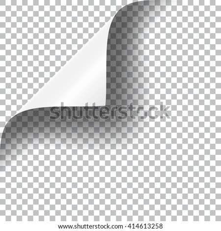 Curly Page Corner realistic illustration with transparent shadow. Ready to apply to your design. Graphic element for documents, templates, posters, flyers. Vector illustration.