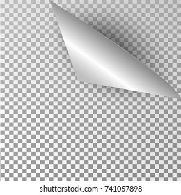 Curly page corner realistic shadow on blank sheet of paper Isolated on transparent background. Vector illustration