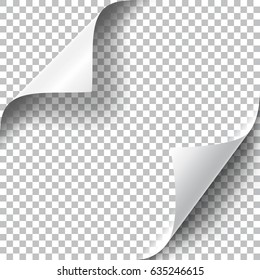 Curly Page Corners set. Realistic illustration with transparent shadow. Ready to apply to your design. Graphic element for documents, templates, posters, flyers. Vector illustration.