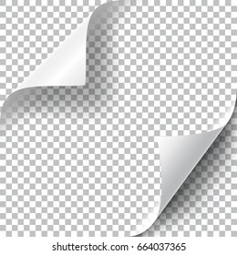 Curly Page Corners set. Realistic illustration with transparent shadow. Ready to apply to your design. Graphic element for documents, templates, posters, flyers. Vector illustration.