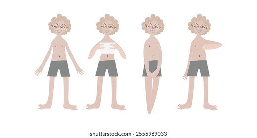 
Curly pale blond boy in swimming trunks on the beach. Child 10 years old. Static calm relaxed standing poses. Vector illustration