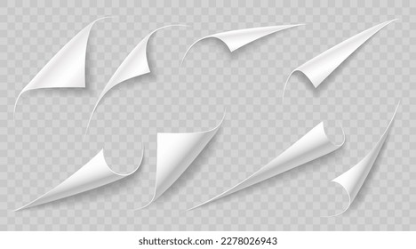 Curly paper page corners, paper sheet turn curls and flips, vector sticker fold edges. Realistic paper page corner curls on transparent background with shadow, paper sheet rolled up peel corners - Shutterstock ID 2278026943