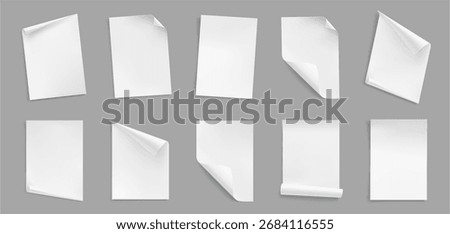 Curly paper page corners, paper sheet turn curls and flips. Vector realistic style, notebook or journal rolled up. Blank and empty note or memo for copy space, document folded or bent shape