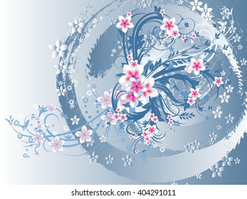 Curly pattern of flowers and petals on a blue background