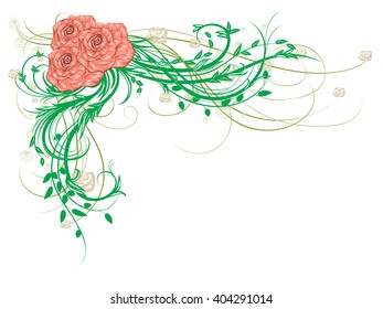 Curly pattern of flowers and petals on a white background