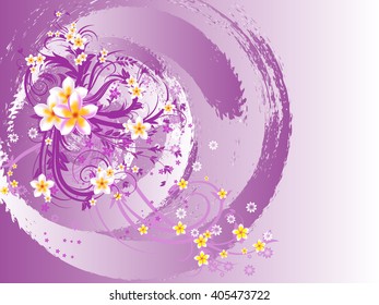 Curly pattern of flowers and petals on a purple background