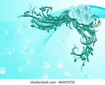 Curly pattern of flowers and petals on a blue background