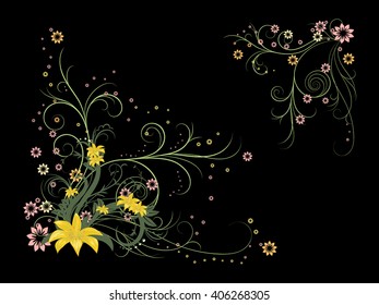 Curly pattern of flowers and petals on the black background