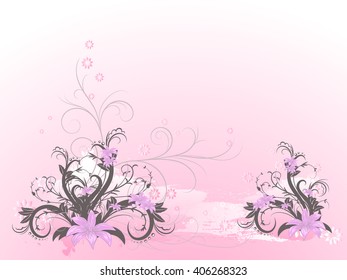 Curly pattern of flowers and petals on a pink background