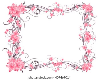 Curly pattern of flowers and petals on a white background