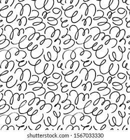 Curly pen lines vector seamless pattern. Swirl and curly lines texture. Hand painted grunge abstract background. Hand drawn black and white ink illustration. Modern graphic design for wrapping paper. 